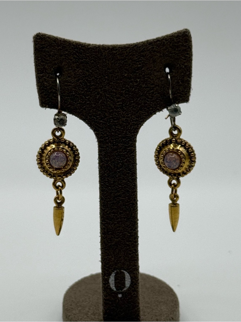 Vintage leverback Gold-Tone Dangle Earrings with Pink Opal glass Accent